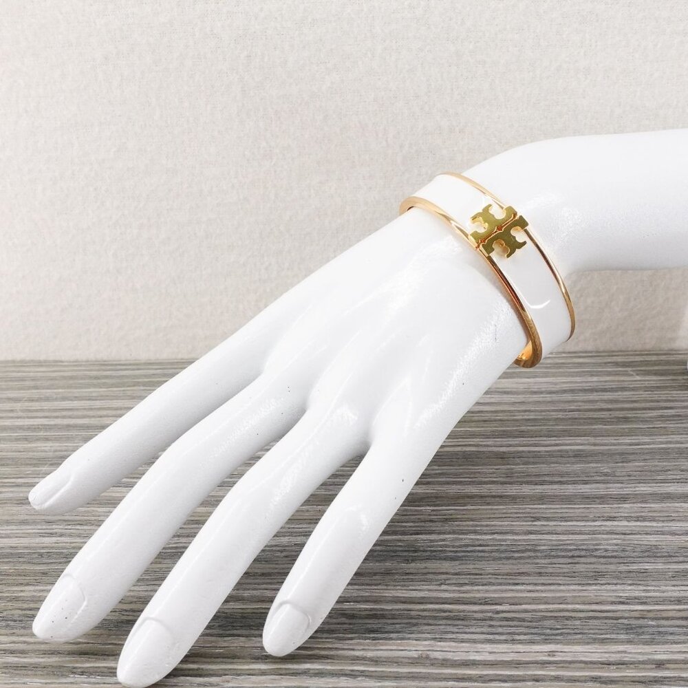 Tory Burch Enameled Kira Logo Hinged Bracelet Gold/ Ivory OS - Picture 6 of 10